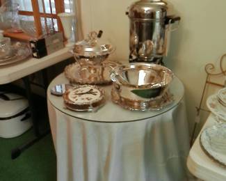 GLASS TOP SIDE TABLE AND SILVERPLATE ITEMS