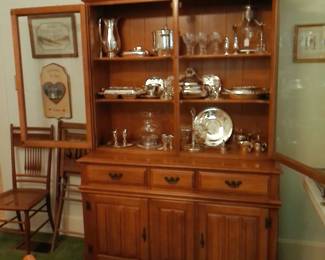 MID CENTURY CHINA CABINET, YORKTOWN  BY FLANDERS & SILVER PLATE ITEMS