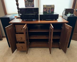 Very nice Mission style media cabinet, Pioneer receiver & cassette player, Sony CD player and two floor standing Klipsch speakers