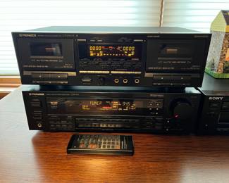 Very nice Mission style media cabinet, Pioneer receiver & cassette player, Sony CD player and two floor standing Klipsch speakers