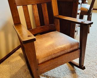 Antique Ramsey Alton Oak Craft mission rocking chair.  This is a smaller scale rocker that measures 33” tall (floor to top of back) and the seat is 18” wide