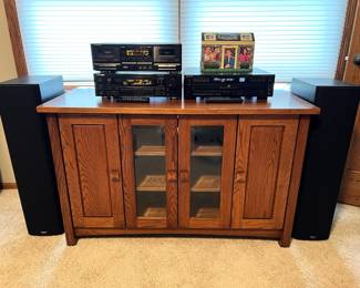 Very nice Mission style media cabinet, Pioneer receiver & cassette player, Sony CD player and two floor standing Klipsch speakers