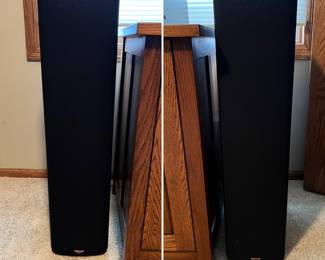 Very nice Mission style media cabinet, Pioneer receiver & cassette player, Sony CD player and two floor standing Klipsch speakers