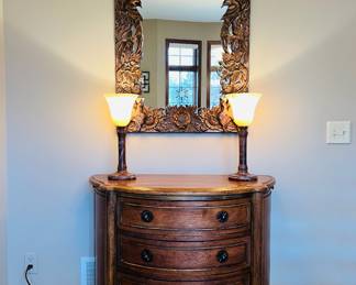 Drexel Heritage Bombay style server, marble & alabaster table lamps and beautiful copper tone mirror