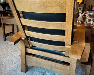 Stickley “Gus” Bow Arm Morris Chair & Ottoman with black leather upholstery 