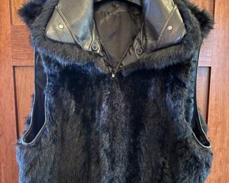 Ladies dyed black opossum fur vest with leather trim