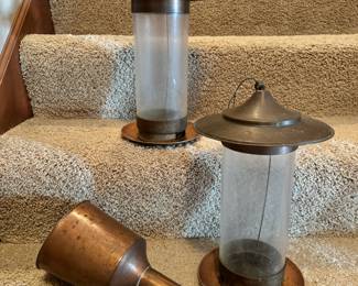Smith & Hawken copper & glass bird feeders and copper bird seed scoop