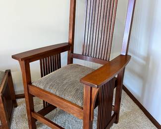 Stickley spindle arm chair and upholstered bench, both in excellent condition