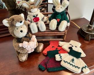 Pair of Boyds Bunnies w/ Adirondack sofa and four additional seasonal sweaters and a Boyds Bear wearing a Fox costume