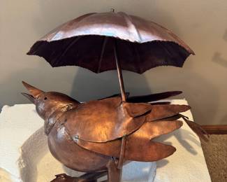 New In Box heavy copper bird with umbrella fence post topper