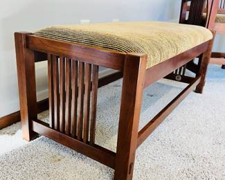 Stickley spindle arm chair and upholstered bench, both in excellent condition