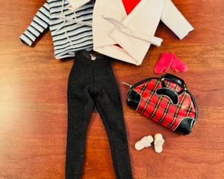 1961 Bubble Cut Titian Red Hair Barbie with original striped swimsuit, Barbie Doll Case and 10 outfits.  Outfits include ‘Evening Splendor’, ‘Friday Night Date Night’, ‘Solo In The Spotlight’, ‘Winter Holiday’, ‘Nighty Negligee’ and more.  There are a few additional accessories & shoes.  THIS WILL BE SOLD AS ONE LARGE COLLECTION. 