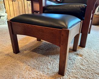 Stickley “Gus” Bow Arm Morris Chair & Ottoman with black leather upholstery 