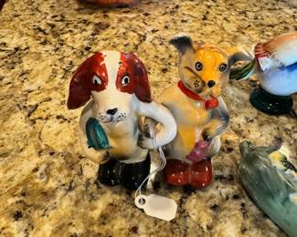 Fun selection of vintage Salt & Pepper shakers including two monkeys hanging on a tree and two dog “pals” arm in arm