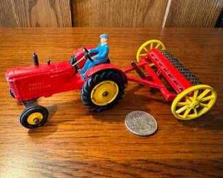 Vintage Dinky Toys Massey Ferguson 310 Farm Tractor and Hay Rake, both in excellent condition