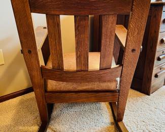 Antique Ramsey Alton Oak Craft mission rocking chair.  This is a smaller scale rocker that measures 33” tall (floor to top of back) and the seat is 18” wide