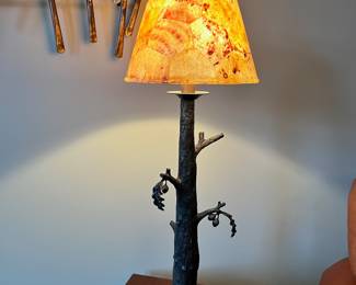 Bronze tone metal table lamp with tortoise shell lamp shade