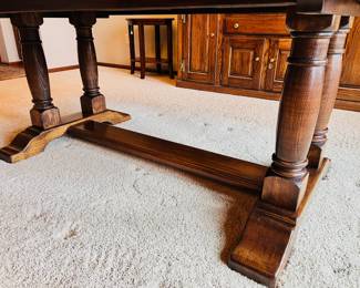 Vintage Conant Ball tressel base dining table & chair set and coordinating lit display hutch.  Expands to 107 1/2” with two 18” leaves (not photographed)