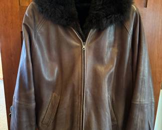 Ladies Andrew Marc leather and dyed brown opossum fur bomber style jacket