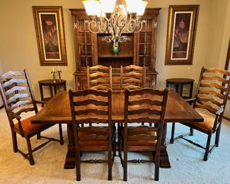 Vintage Conant Ball tressel base dining table & chair set and coordinating lit display hutch.  Table measures 42” wide and 71 1/2” long.  Expands to 107 1/2” with two 18” leaves (not photographed)