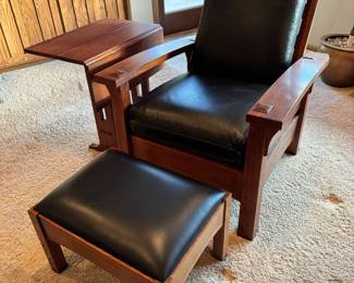 Stickley “Gus” Bow Arm Morris Chair & Ottoman with black leather upholstery 