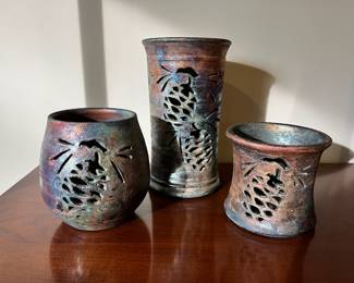 Raku pottery pieces signed Clayton