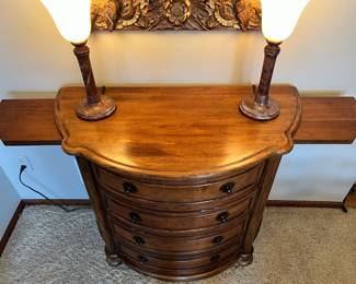Drexel Heritage Bombay style server, marble & alabaster table lamps and beautiful copper tone mirror