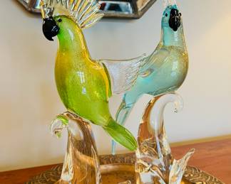 Beautiful vintage Murano art glass parrot sculptures.  These will be sold as a pair