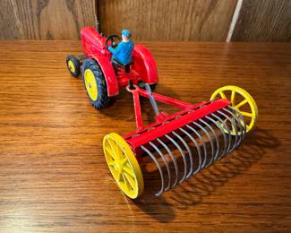 Vintage Dinky Toys Massey Ferguson 310 Farm Tractor and Hay Rake, both in excellent condition
