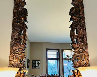 Drexel Heritage Bombay style server, marble & alabaster table lamps and beautiful copper tone mirror