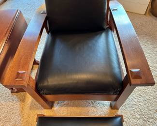 Stickley “Gus” Bow Arm Morris Chair & Ottoman with black leather upholstery 