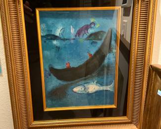 Marc Chagall lithograph printed in seven colors on wove paper, “The Dead Dolphin and The 300 Crowns”, 9” x 11”