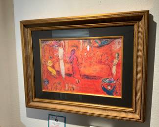 Marc Chagall lithograph printed in seven colors on wove paper, “Megacles Recognizes His Daughter at The Feast”, 13” x 19”