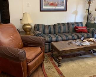 Leather chair, sofa, coffee table