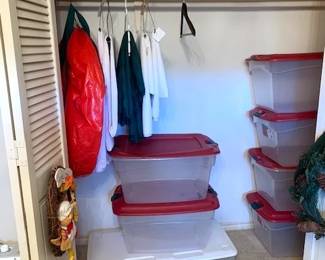 Storage totes, Christmas tims, wreath holders, table cloths