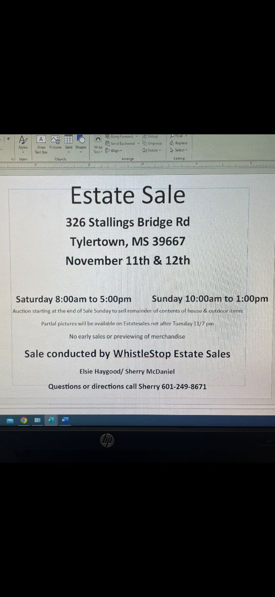 WhistleStop Estate Sales in Tylertown, MS starts on 11/11/2023