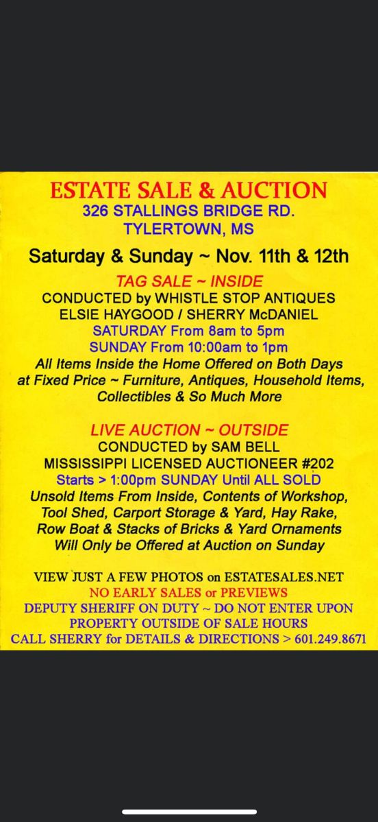 WhistleStop Estate Sales in Tylertown, MS starts on 11/11/2023