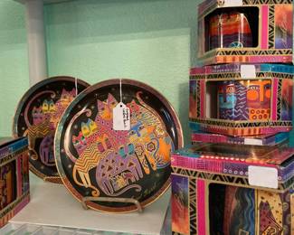 Collectible Laurel Burch cat mugs and plates