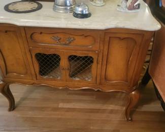 MCM MARBLE TOP OVERSIZED END TABLES WITH OPEN END ON BOTH SIDES,  WE HAVE 2 OF THESE