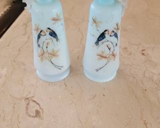 VICTORIAN ANTIQUE CASED BLUE SATIN GLASS EWER HAND PAINTED BIRDS THISTLE HANDLE