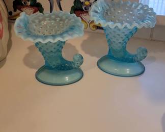 FENTON HOBNAIL BLUE GLASS CORNUCOPIAS
