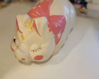STONEWARE PIGGY BANK HAND PAINTED PIG WITH BOW