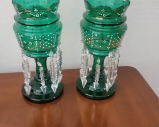 PAIR OF ANTIQUE VICTORIAN ART GLASS MANTLE LUSTERS EMERALD GREEN & GILT W PRISMS