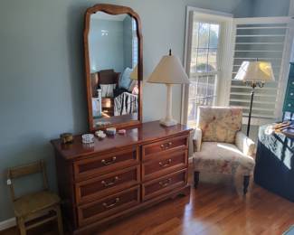 Dresser and Mirror by Huntley Furniture, Pedestal Alabaster Lamp, Sam Moore  Upholstered Arm Chair 