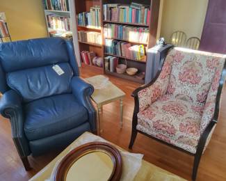 Sam Moore Upholstered Arm Chair and a Lazy boy Blue Leather Recliner with nail head trim