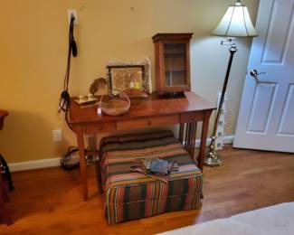 Antique  Pine Desk, Upholstered  Ottoman,  Vintage Pine Currio Cabinet, antique Pine Needle  Baskets