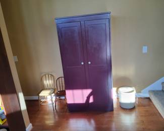 Painted Armoire,  Vintage Crock, Antique Children's Chairs