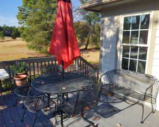 Wrought-iron Table and Chairs, Umbrella and Stand