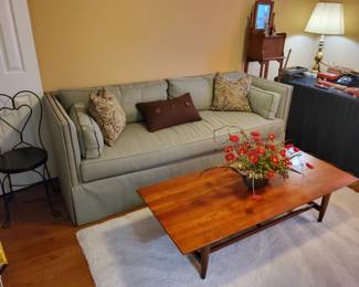 Vintage Heart back Ice Cream  Chair, New Sparos Upholstered  One Cushion Sofa with Brass Nail Heads, Vintage Mid-Century Modern Coffee Table 