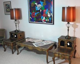 Tables made by the Angelus Furniture Co. in southern California - excellent finishes and condition - along with marked lamps